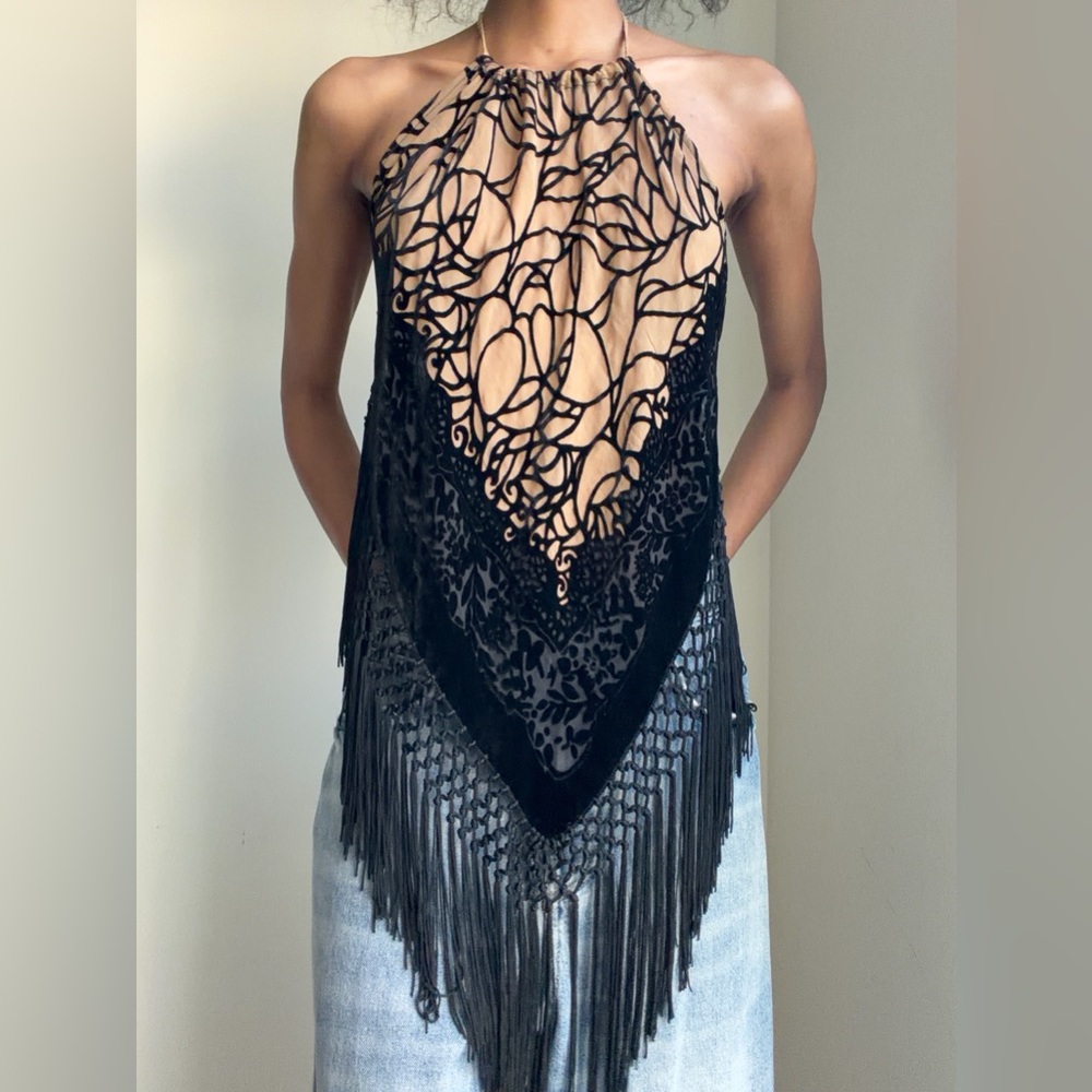Black and Tan Fringe Halter Top